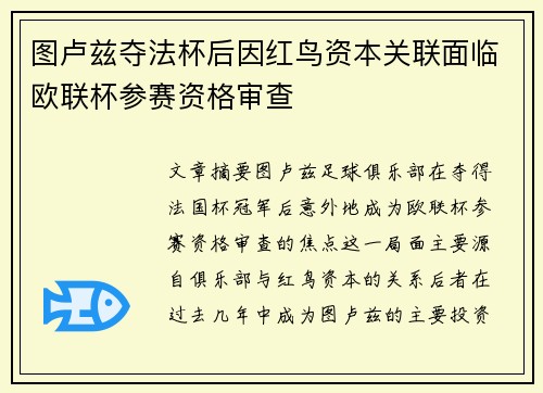 图卢兹夺法杯后因红鸟资本关联面临欧联杯参赛资格审查